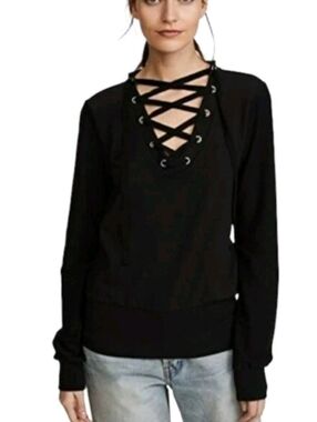 L'AGENCE Black Lace-Up Josilyn Sweatshirt Top Shirt Large